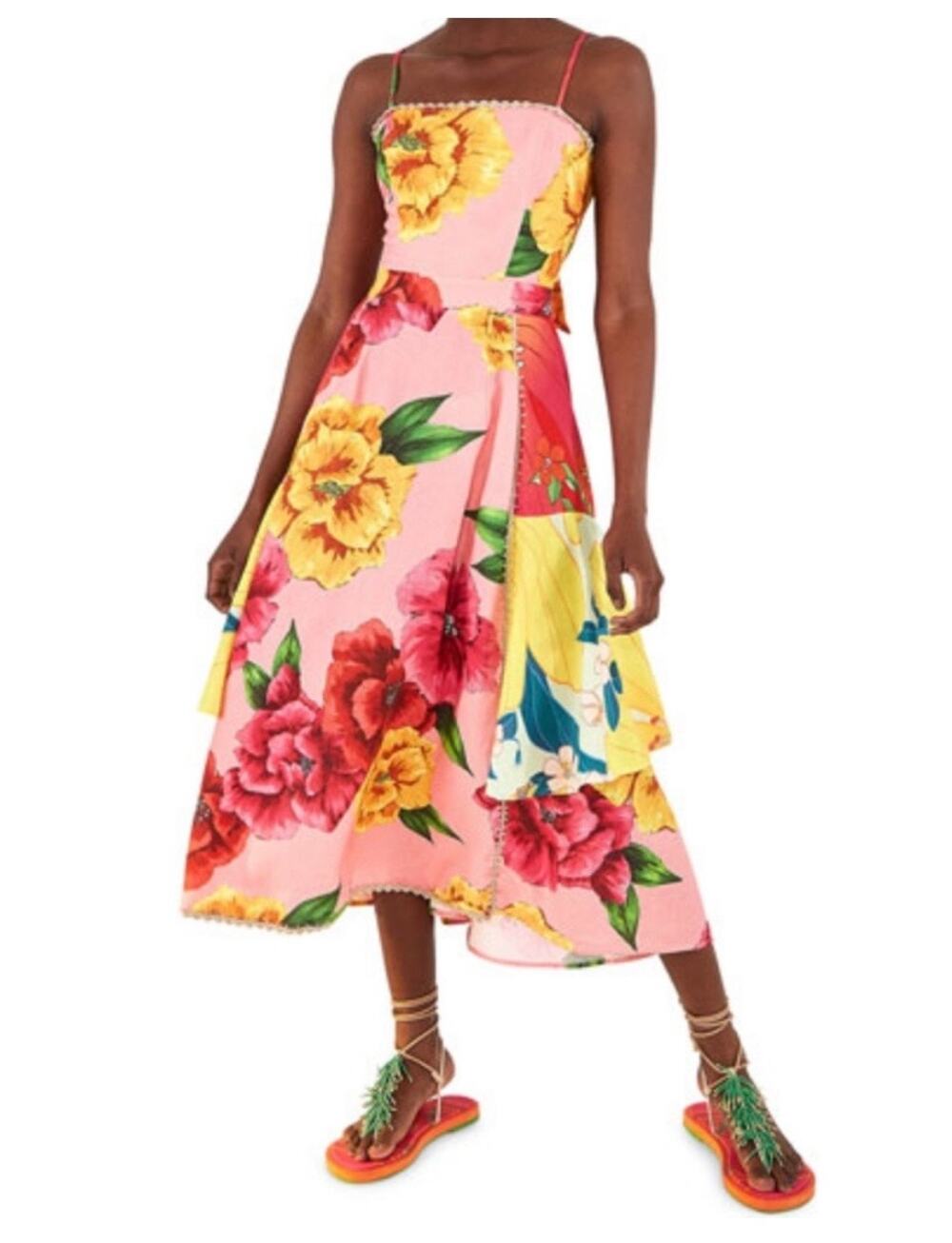 Farm Rio Chita Pink Floral Print Square Neck Tie Back Linen Midi Dress Size XS